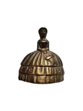 Vintage Brass Lady Figurine Bell – Victorian Dress, Tiered Skirt, Hat – 3.5”